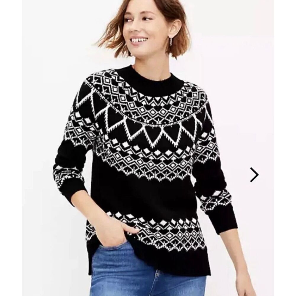 LOFT Small Fair Isle Mock Neck Tunic Sweater Black White